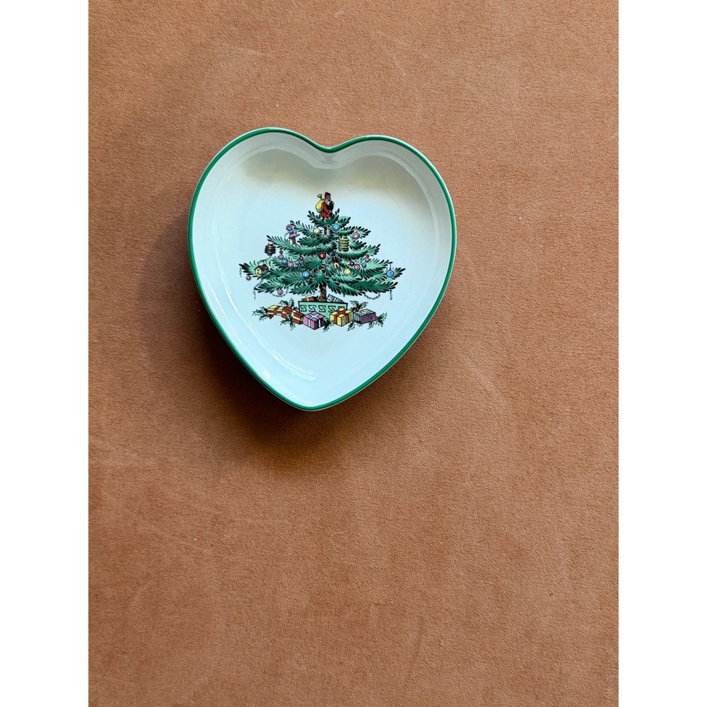 Spode Christmas Tree Heart Shaped Trinket Dish 4" S3324 England Green Rim